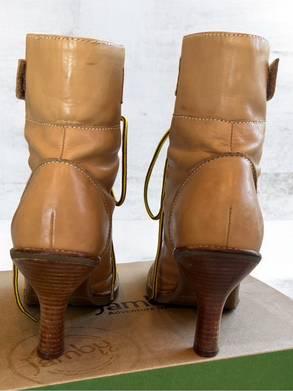 Nine West Tan Leather Lace-Up Heeled Ankle Boots with Yellow Laces - Picture 3 of 7